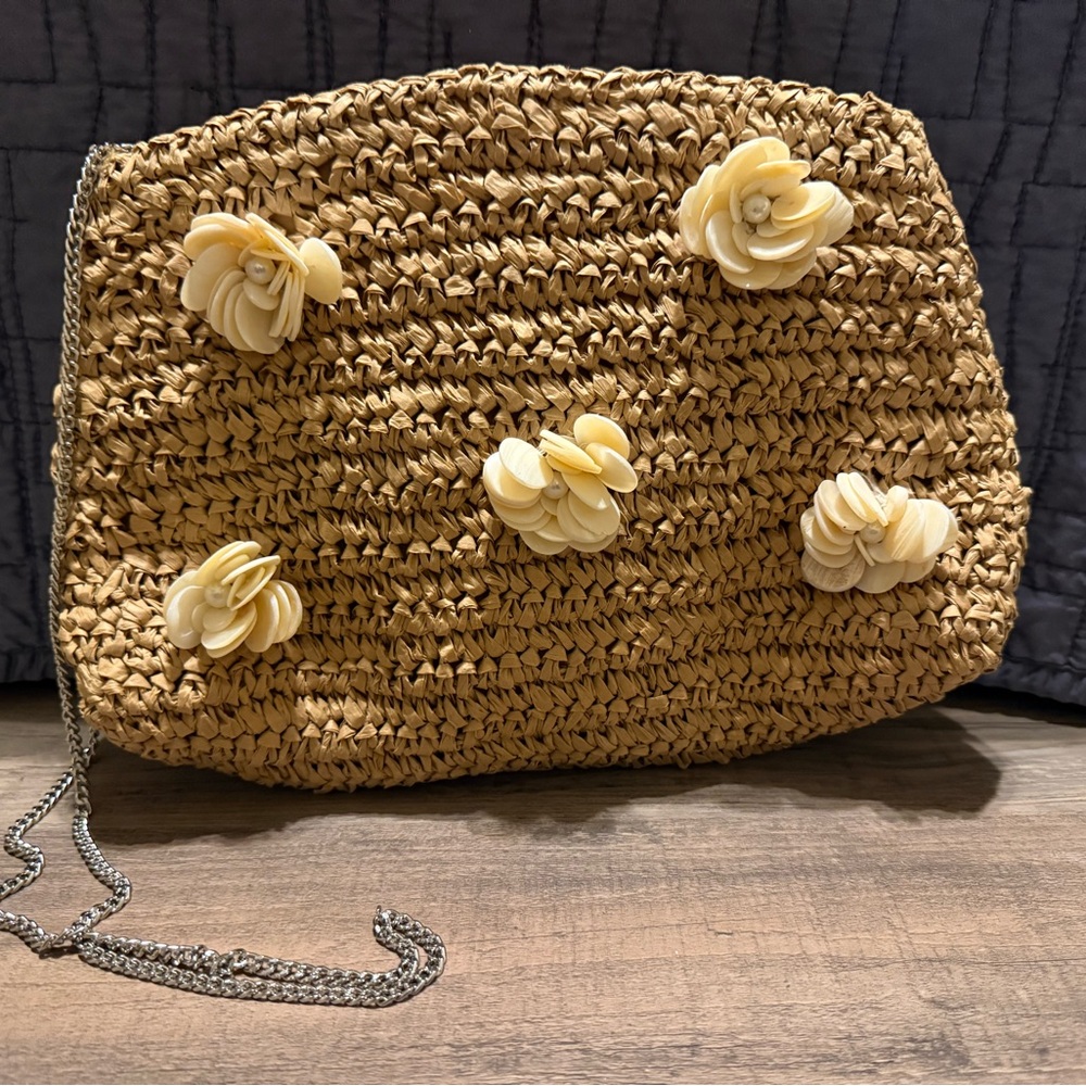 TJ Maxx Elegant Tan Woven Bag with Floral Accents